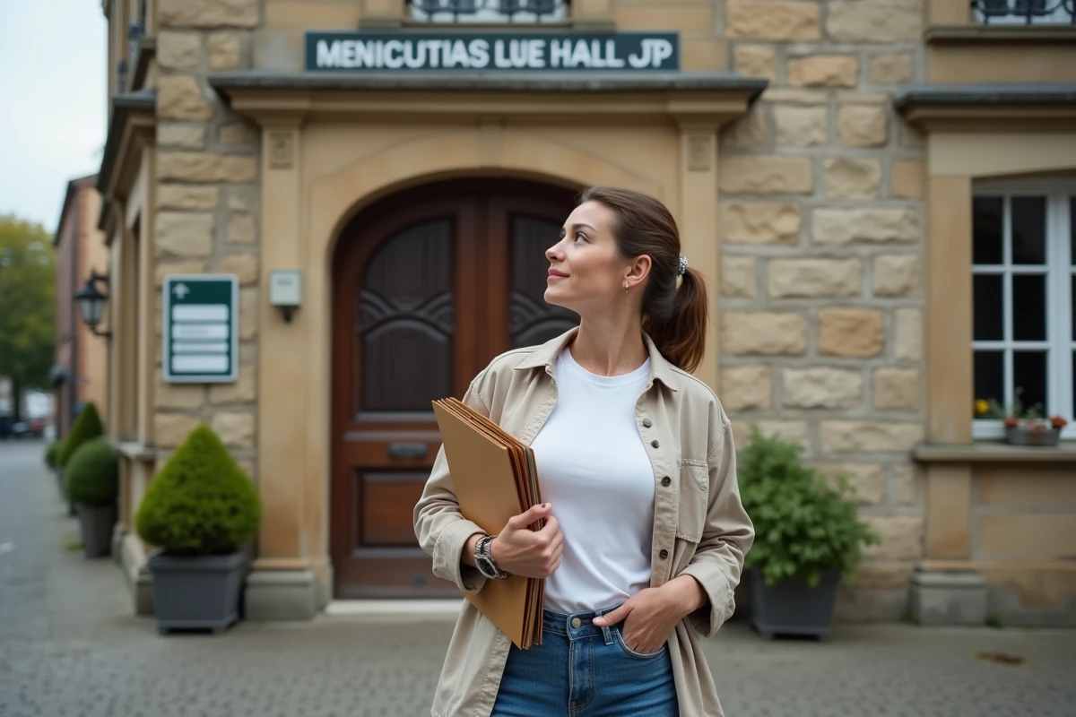 Femme déposant un dossier de demande d'autorisation de terrasse en mairie