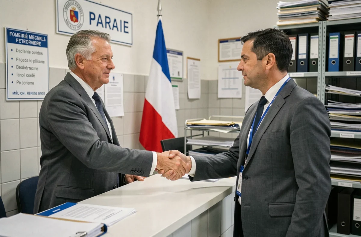 Homme en costume signant un accord avec un fonctionnaire municipal dans une mairie pour l'obtention d'une maison abandonnée