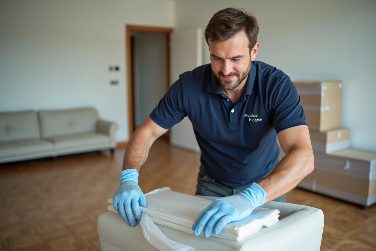 Déménageur professionnel emballant des meubles dans un appartement vide