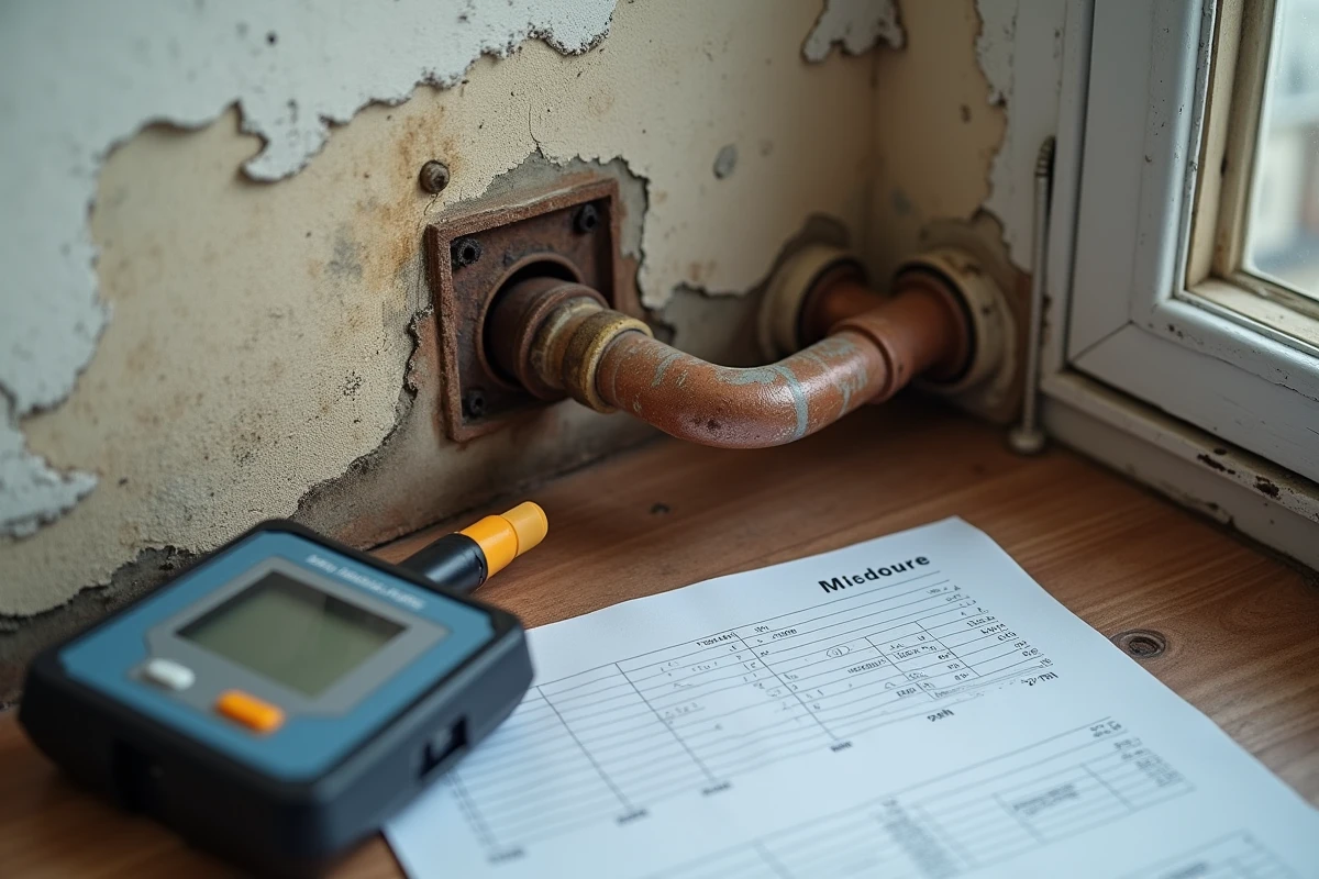 Détail d'une paroi endommagée par l'humidité avec un appareil de détection de fuite et un rapport technique dans un appartement en copropriété