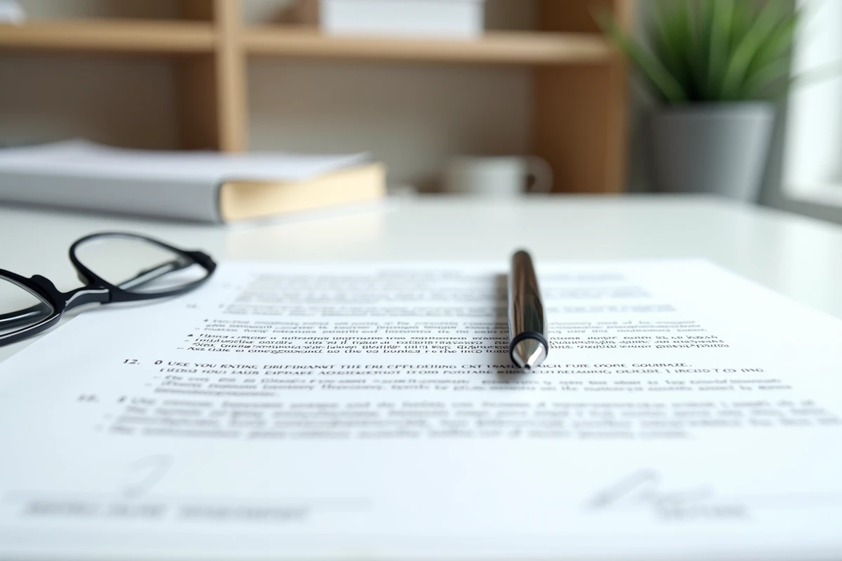 Gros plan sur un contrat de location-vente avec un stylo et des lunettes posés sur le document