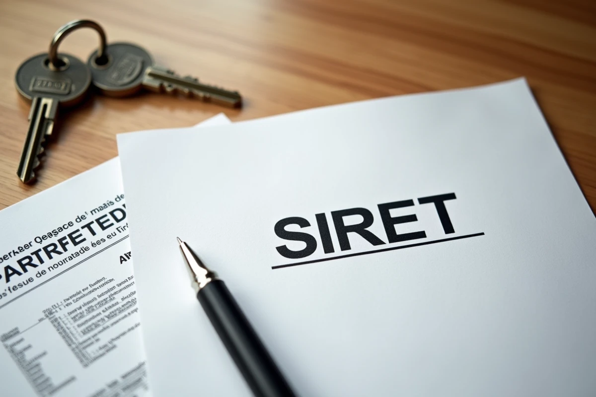 Gros plan d'un document d'immatriculation SIRET posé sur un bureau avec des clés d'appartement et un contrat de location LMNP