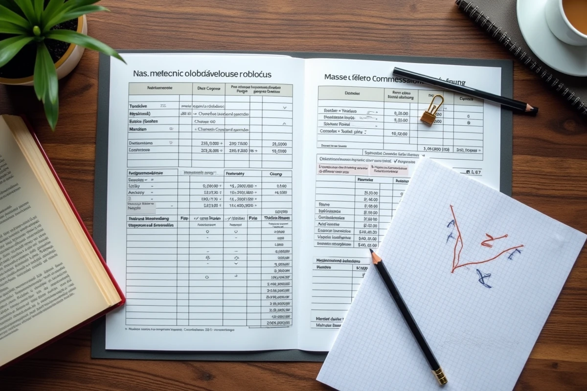 Documents fiscaux et calculs de déficit foncier posés sur un bureau avec formulaires de déclaration de revenus fonciers