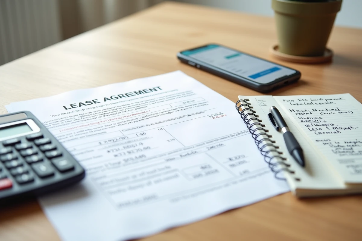 Flat lay de documents de gestion locative incluant bail, calculatrice et reçus de charges déductibles pour propriétaire bailleur