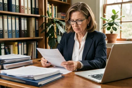 Femme constituant un dossier administratif pour obtenir une maison abandonnée, entourée de documents et d'un ordinateur portable