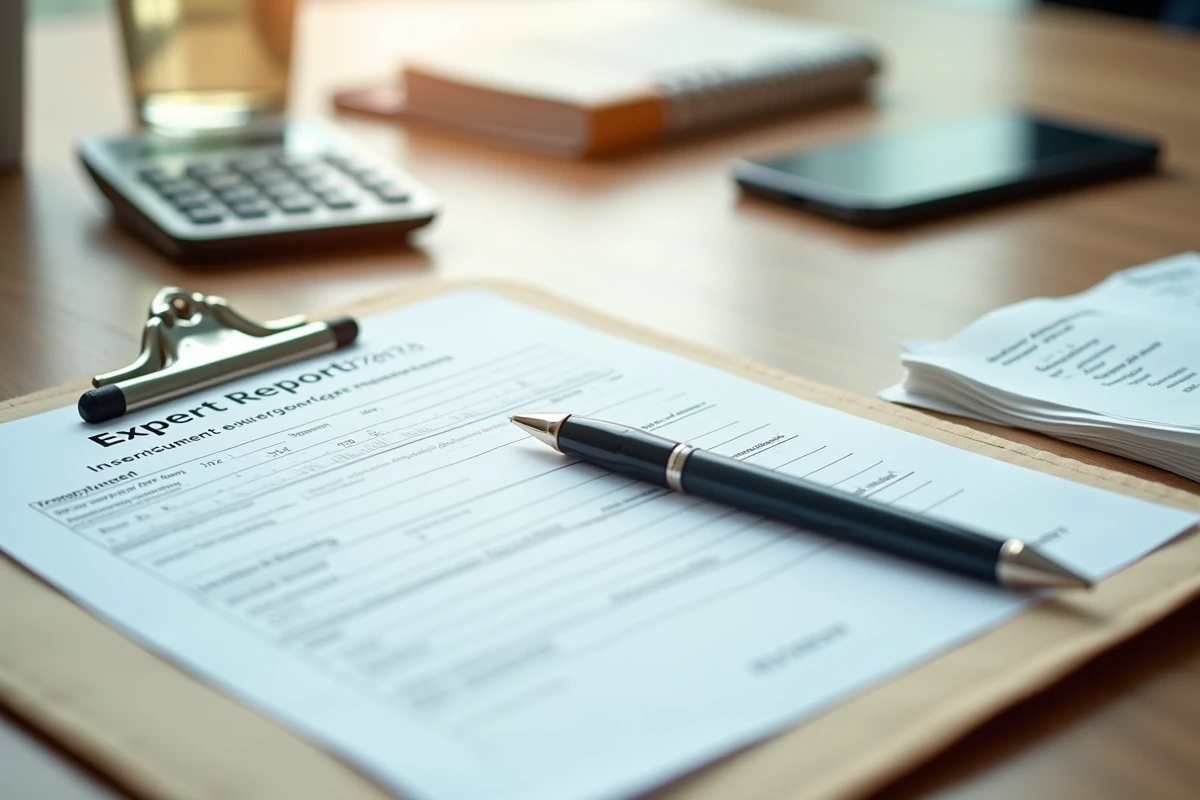 Dossier de remboursement de frais d'expertise avec formulaires et reçus sur un bureau professionnel