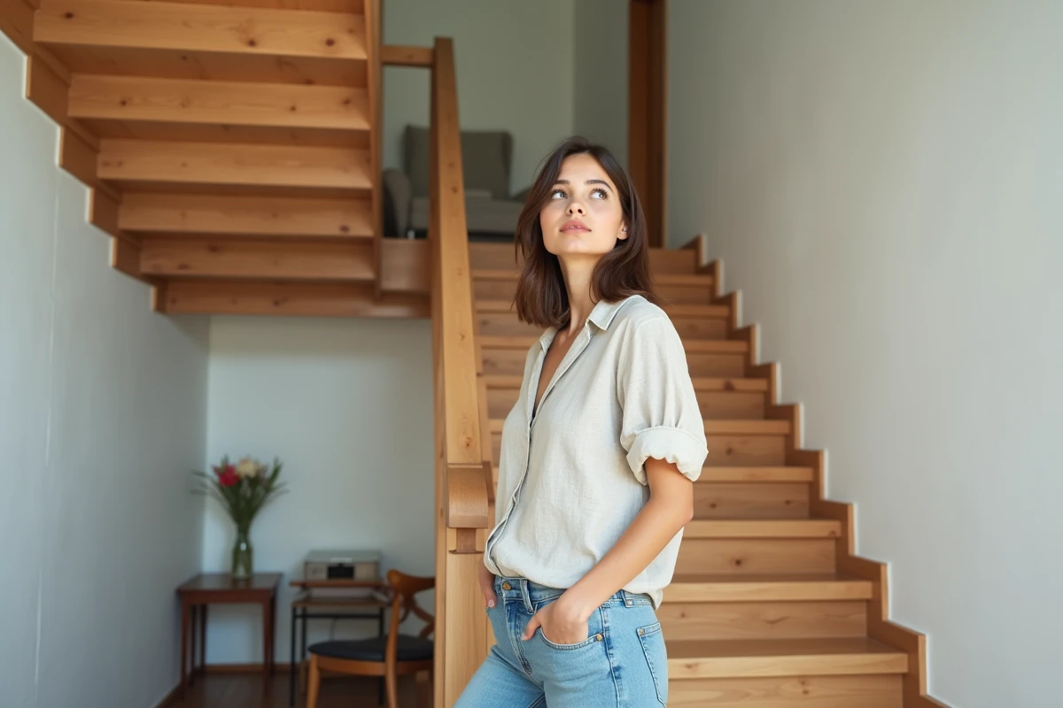 Femme dans un duplex moderne avec escalier en bois séparant deux niveaux distincts