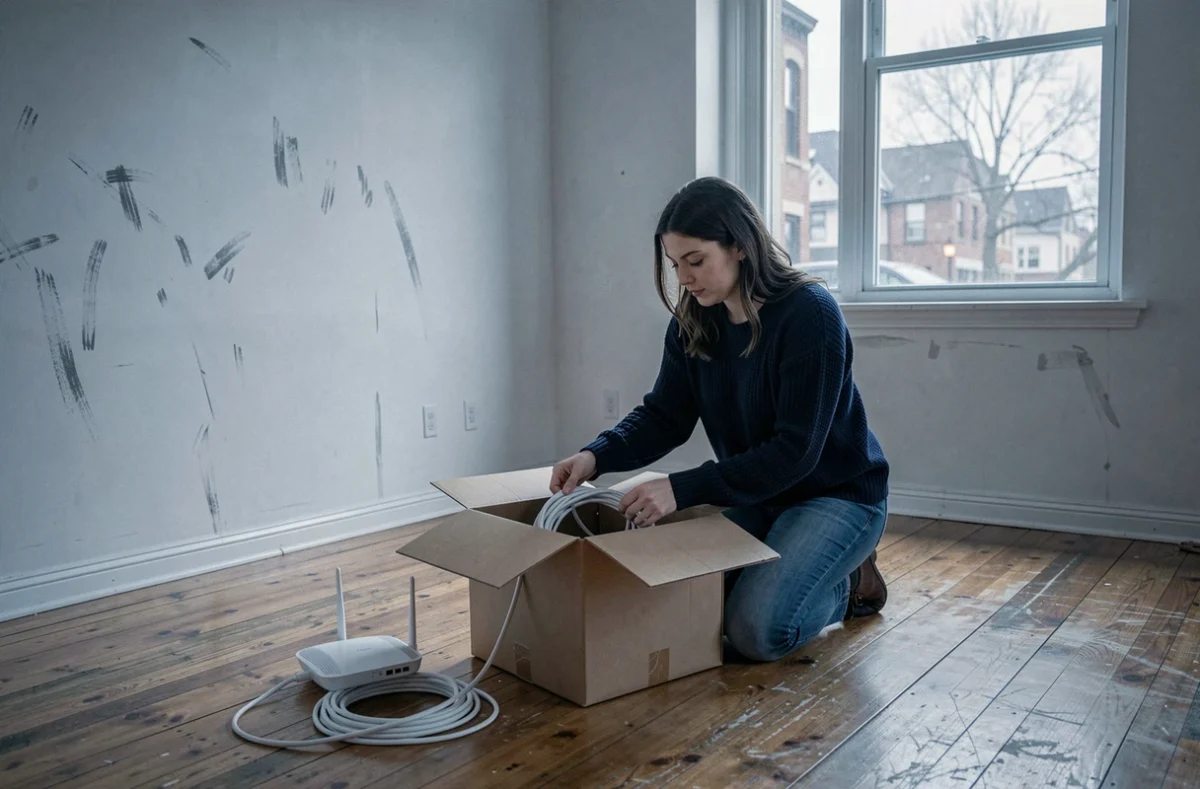 Femme débranchant et emballant son routeur Wi-Fi et câbles Ethernet pour préparer le transfert de ligne internet lors d'un déménagement