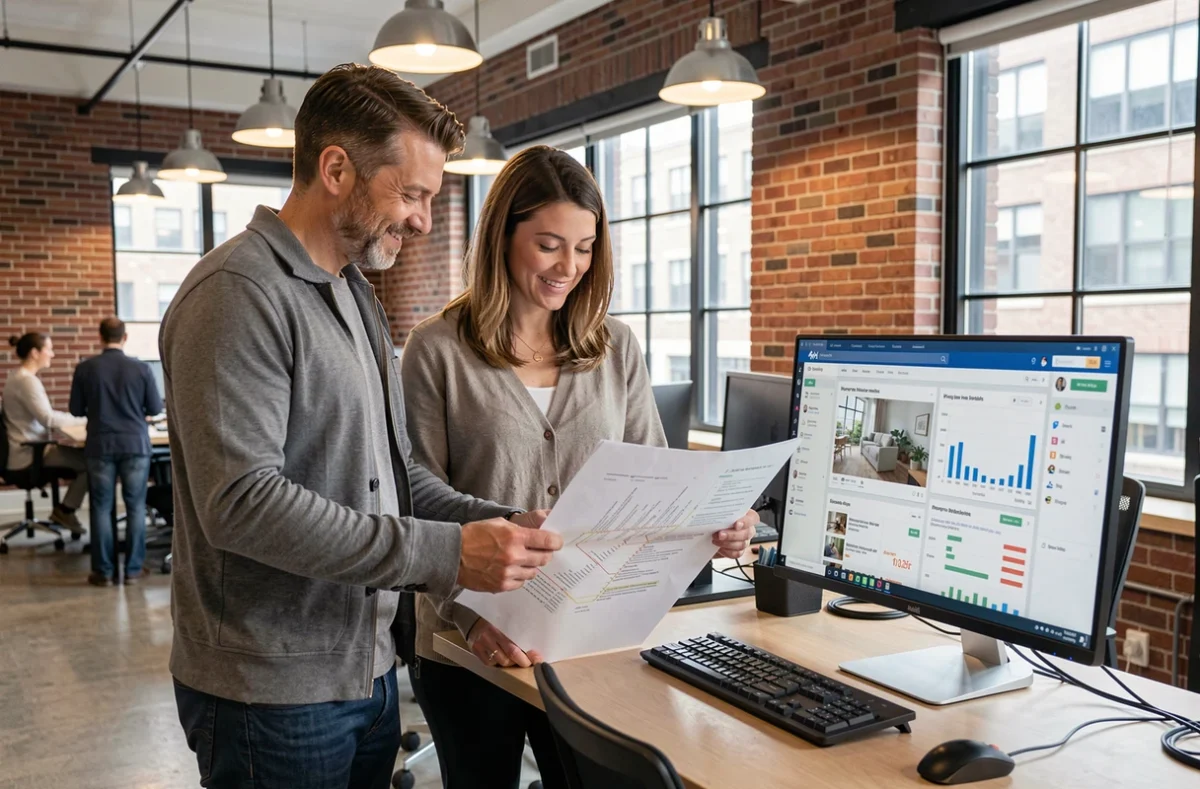 Deux entrepreneurs analysant la stratégie de création d'un site blog travaux dans un espace de coworking moderne