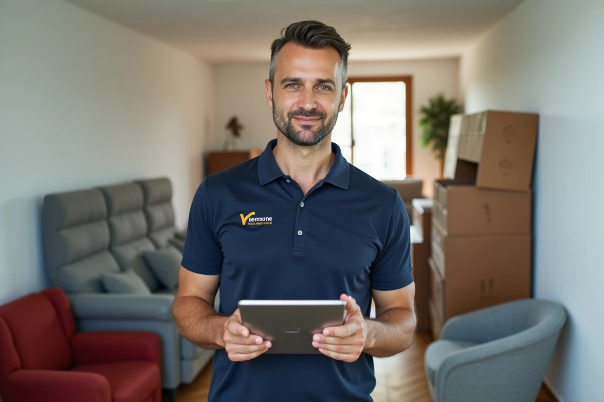 Déménageur professionnel évaluant le volume en m3 d'un appartement avec une tablette numérique dans un couloir rempli de meubles