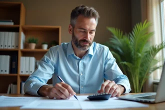 Propriétaire non occupant estimant le montant de son assurance PNO en consultant des documents et une calculatrice à son bureau
