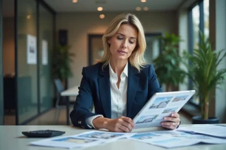 Agent immobilière assise à son bureau examinant des documents relatifs aux frais d'agence immobilière