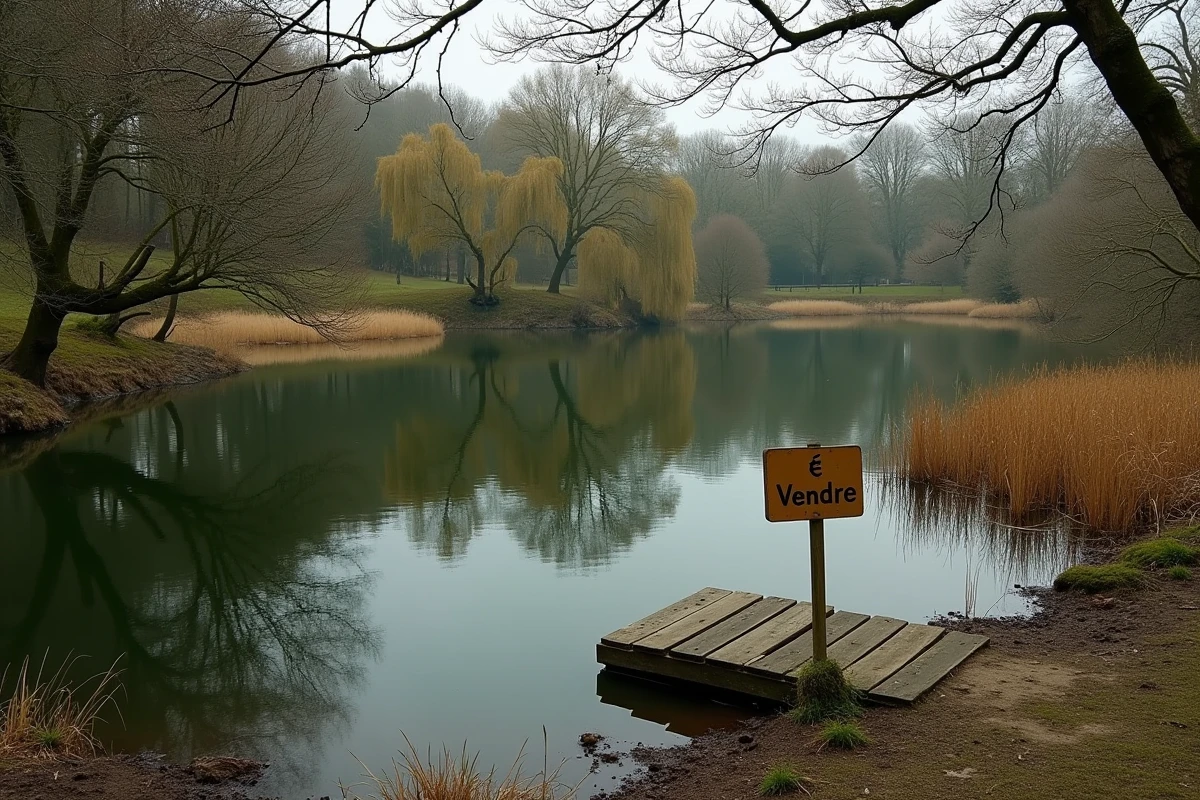 Étang privé à vendre entre particuliers en zone rurale avec panneau de vente au bord de l'eau