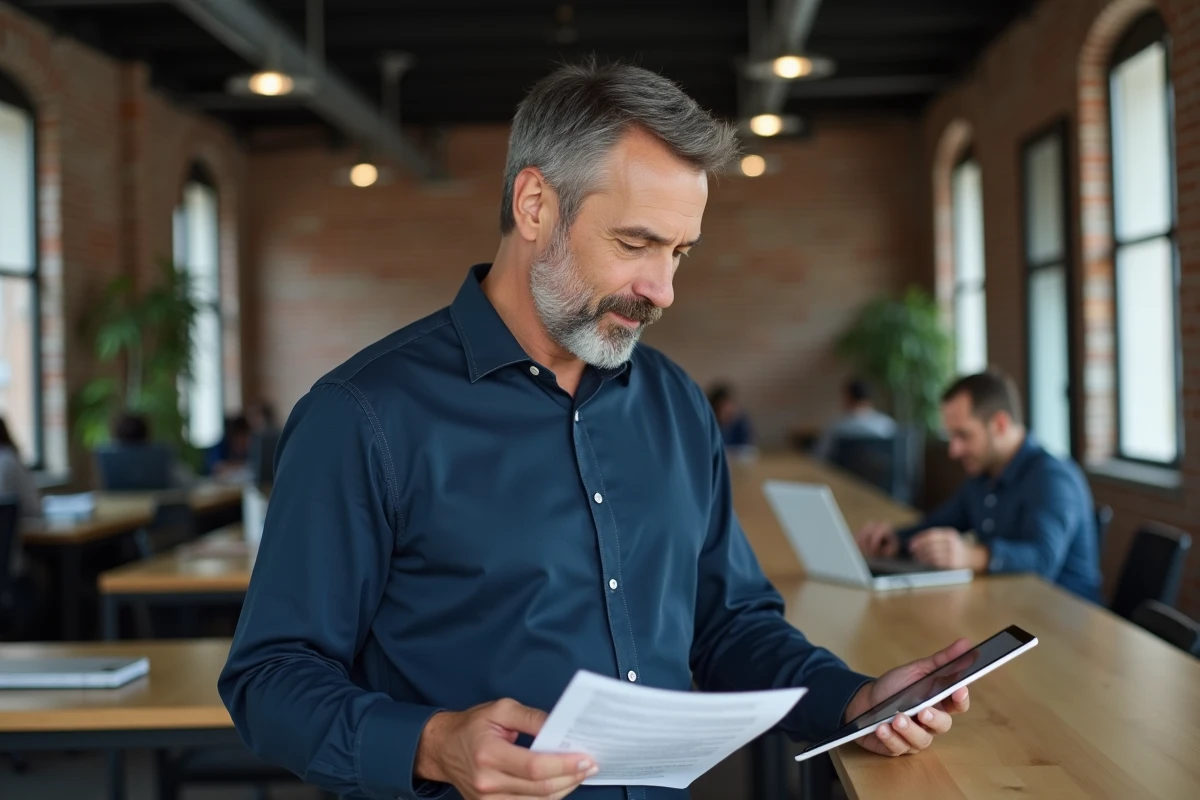 Homme consultant les étapes d'un téléservice LOC sur une tablette dans un espace de coworking avec checklist imprimée