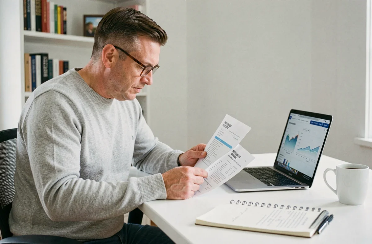 Homme étudiant des offres de prêt immobilier à domicile avec documents de comparaison de taux