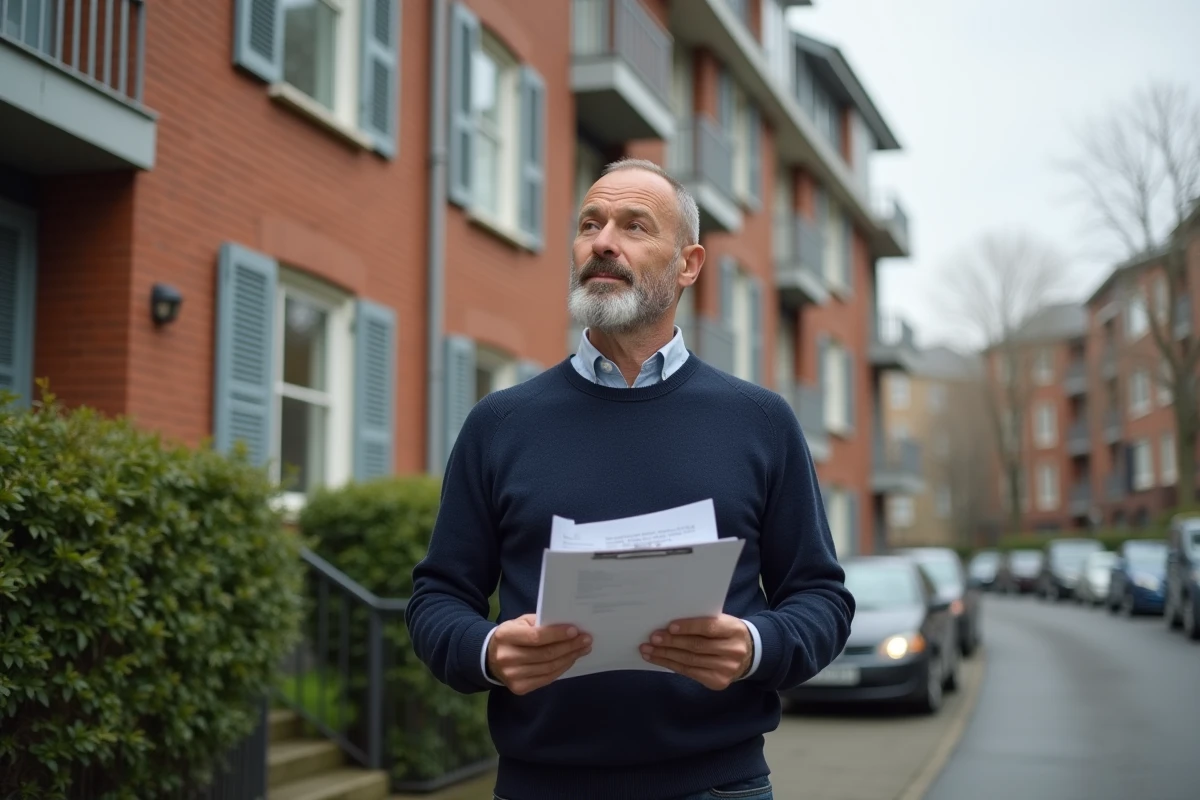 Investisseur immobilier évaluant un immeuble locatif depuis la rue avec une planche de calculs