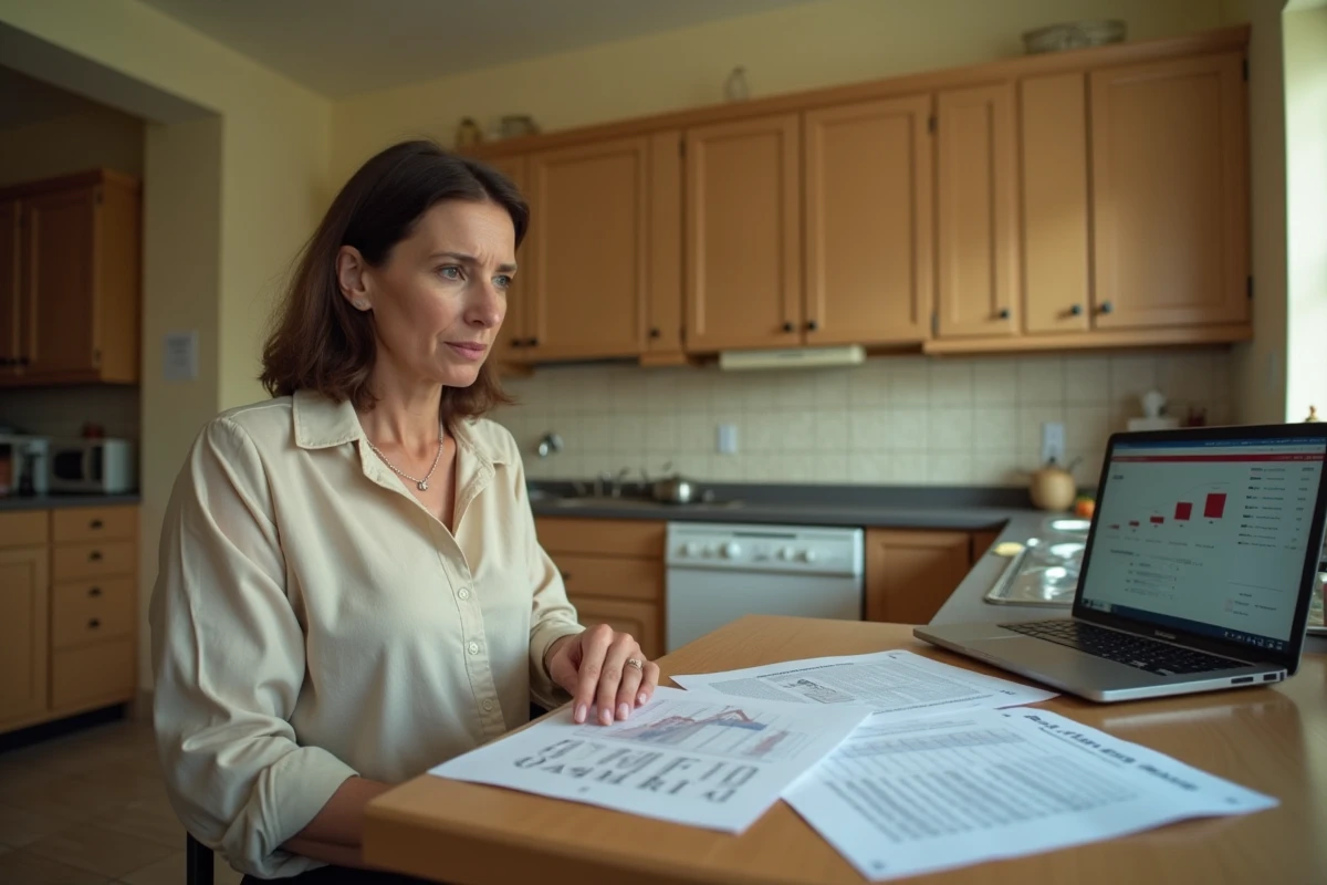 Femme étudiant des documents d'évaluation immobilière dans une cuisine ancienne et vétuste