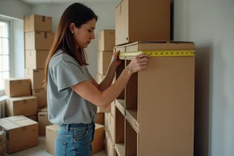Femme mesurant ses meubles avec un mètre ruban lors d'un déménagement pour estimer le volume en m3