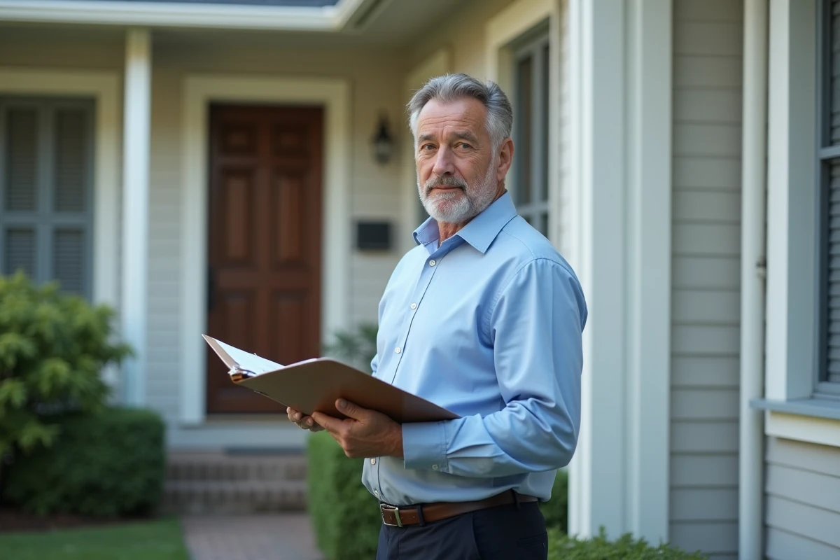 Expert immobilier devant une maison vide tenant un dossier de documents pour constater l'inoccupation du bien
