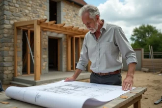 Architecte examinant des plans d'extension devant une vieille maison en pierre en cours de rénovation