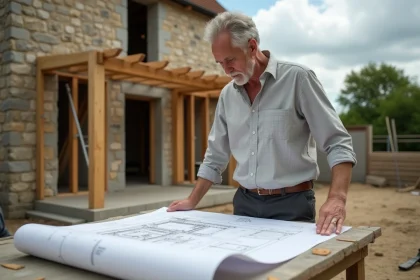 Architecte examinant des plans d'extension devant une vieille maison en pierre en cours de rénovation