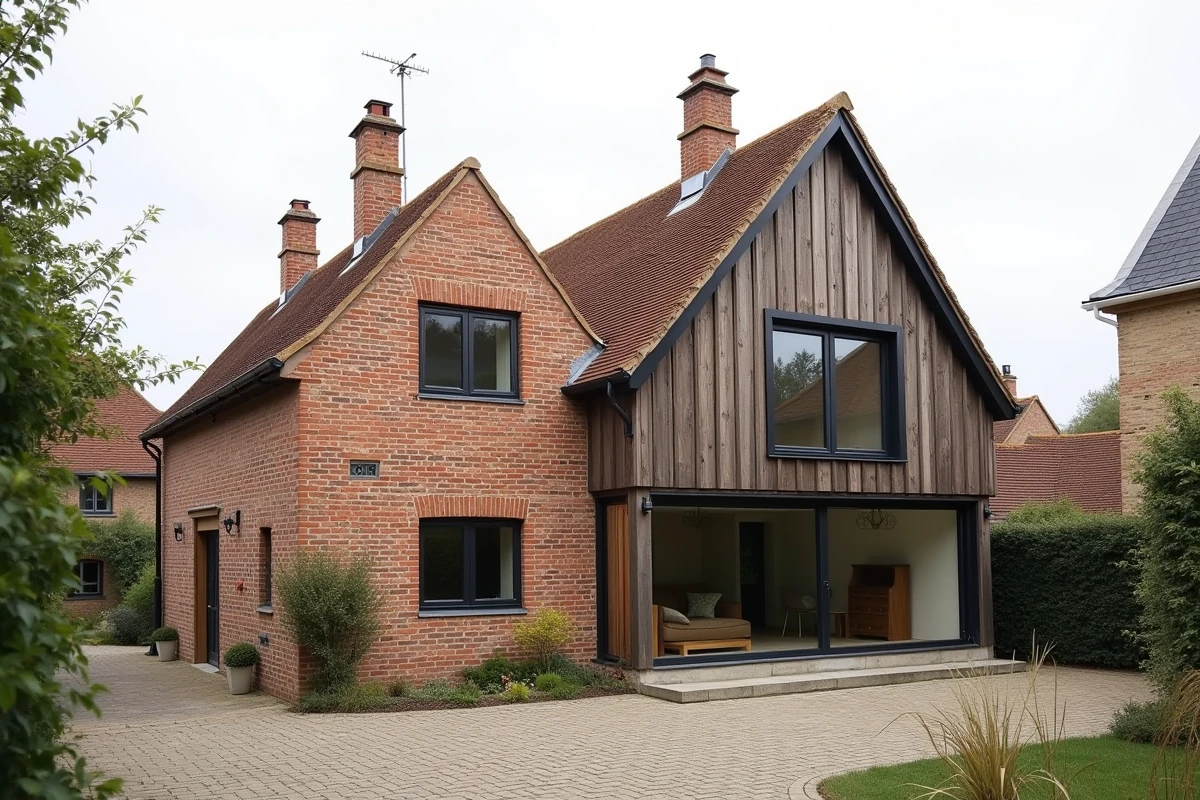 Extension moderne en bois sombre accolée à une ancienne maison en brique dans un village rural français