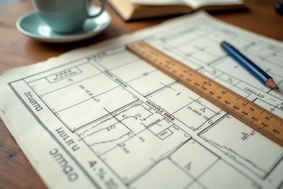 Gros plan d'un extrait cadastral français indiquant des mesures en ares et centiares sur une table en bois