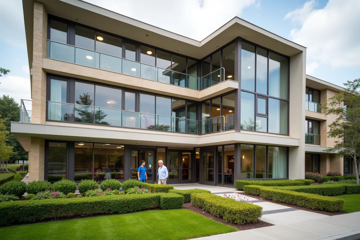 Façade moderne d'un EHPAD contemporain avec jardin soigné, illustration de l'investissement en résidence médicalisée