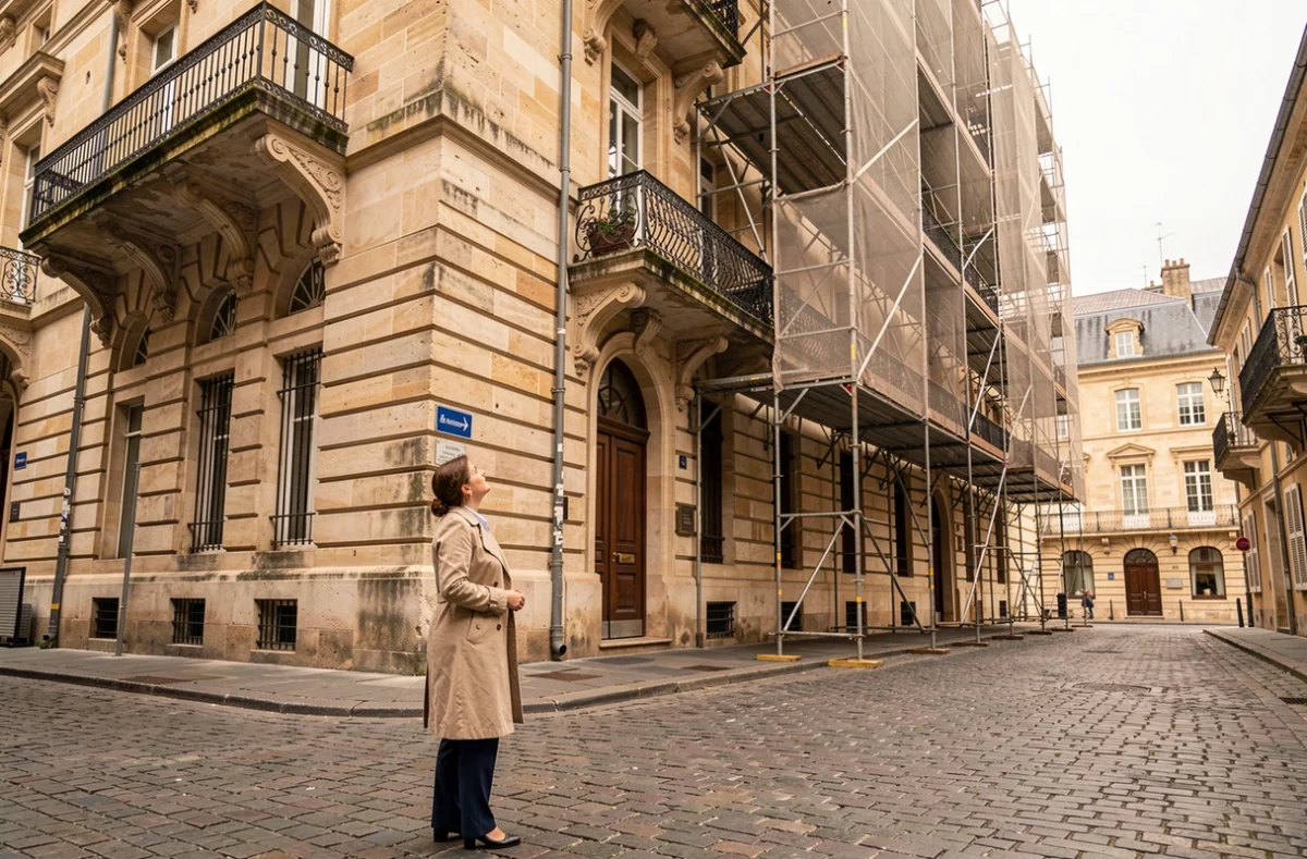 Femme investisseur devant un immeuble historique en cours de rénovation dans un quartier classé, symbolisant le dispositif fiscal de la loi Malraux