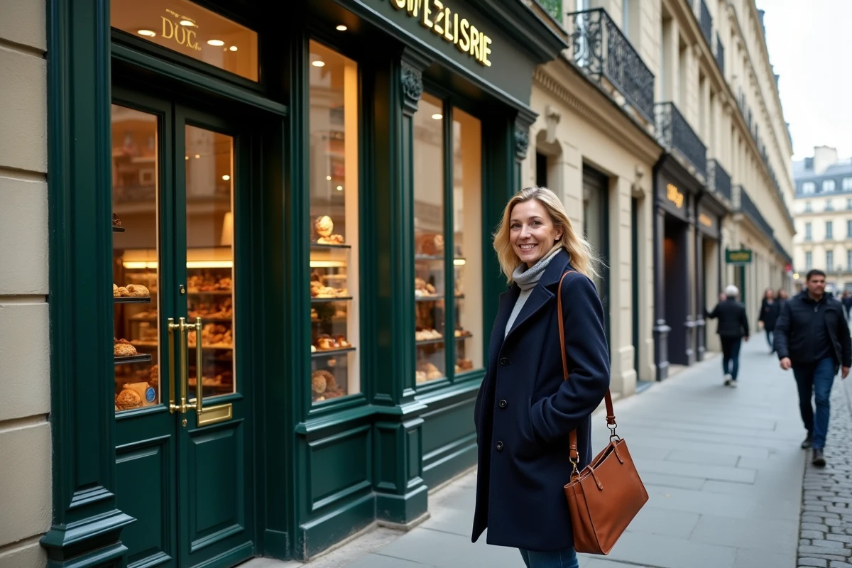 Femme élégante devant la façade d'une pâtisserie parisienne dans un quartier haussmannien