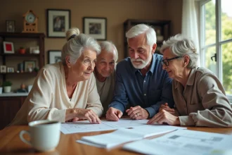 Famille multigénérationnelle réunie autour de documents immobiliers pour discuter de la création d'une SCI familiale