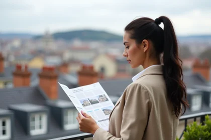 Femme analysant des annonces immobilières sur un balcon avec vue sur les toits de Lyon et la colline de Fourvière