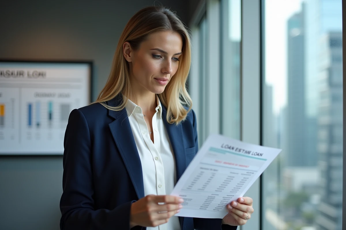 Une femme professionnelle analysant un montant de prêt garanti dans une agence immobilière
