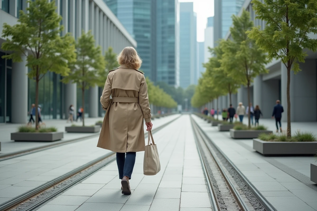 Femme marchant dans un boulevard urbain moderne avec tramway, arbres alignés et immeubles de bureaux contemporains