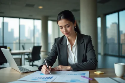 Femme cadre immobilier consultant les indices ILAT sur des documents imprimés dans un bureau tertiaire moderne