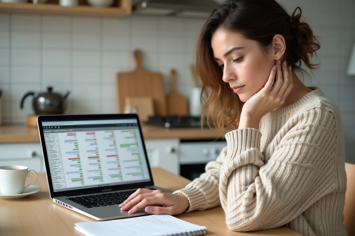 Femme calculant ses mensualités sur ordinateur portable pour optimiser son prêt et réduire les frais intercalaires