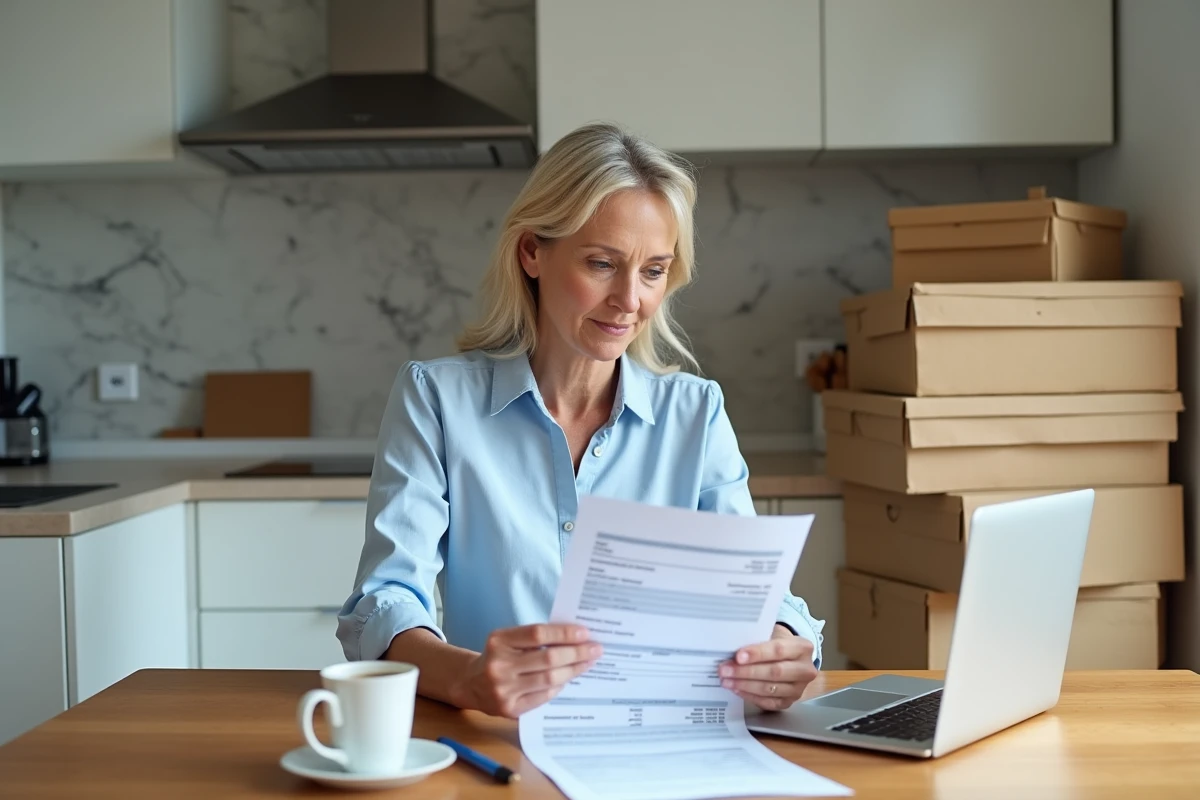 Femme comparant des devis de déménagement sur papier et en ligne, budget et coût d'un déménagement