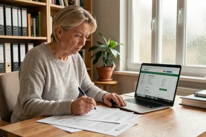 Femme consultant la base Patrim des impôts sur son ordinateur pour déclarer un bien immobilier