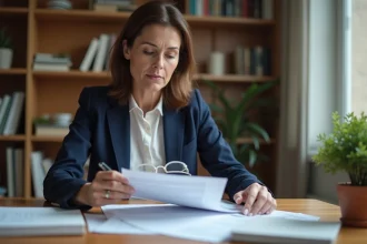 Femme examinant attentivement son contrat de prêt hypothécaire à la recherche d'une clause de pénalité de remboursement anticipé