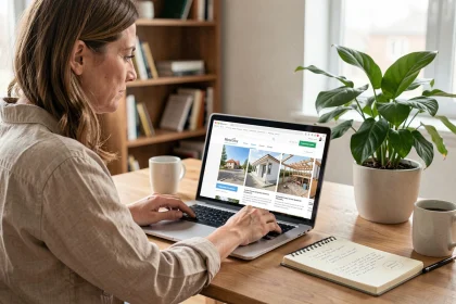 Femme consultant un blog de travaux et rénovation sur ordinateur portable dans un bureau à domicile moderne