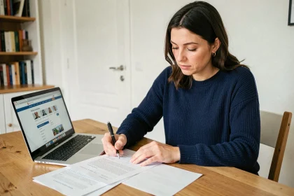 Femme remplissant un formulaire de demande de logement social à son domicile avec un ordinateur portable affichant le portail Alin