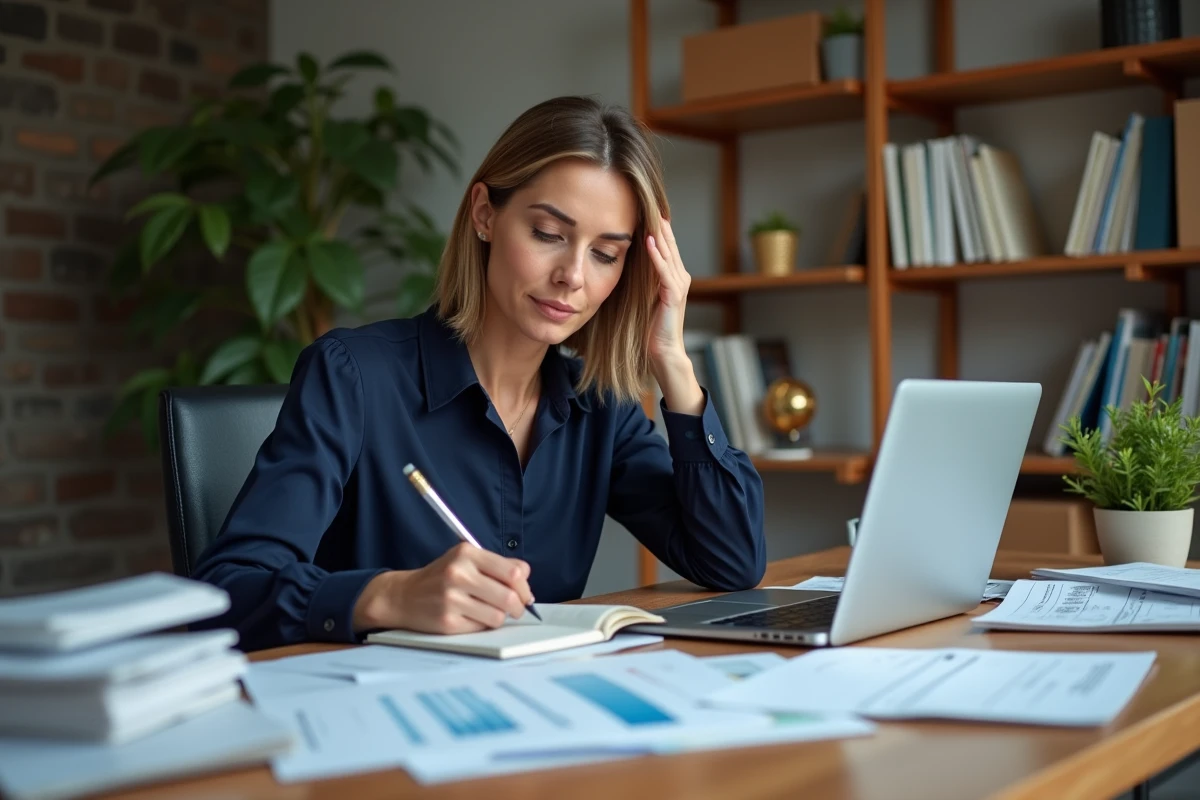 Femme à son bureau à domicile entourée de reçus et documents fiscaux triant les dépenses déductibles de travaux