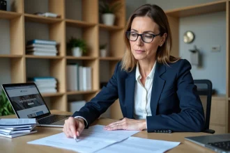 Femme professionnelle consultant des documents administratifs SIRET pour une activité LMNP dans un bureau à domicile