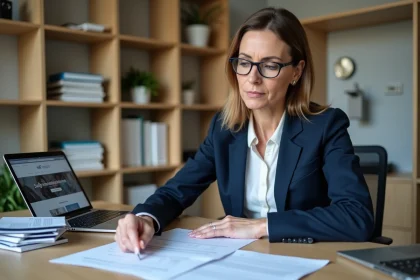 Femme professionnelle consultant des documents administratifs SIRET pour une activité LMNP dans un bureau à domicile