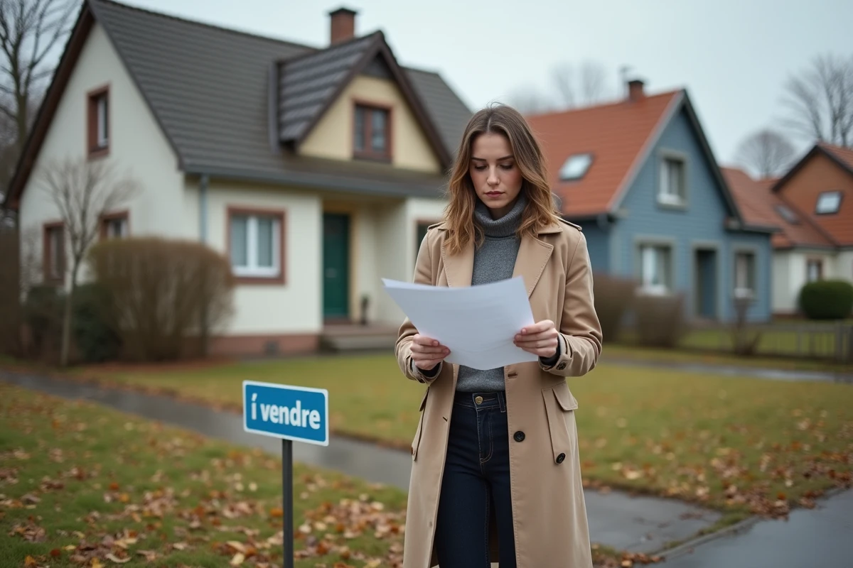 Femme examinant une estimation de prix devant une maison à vendre en banlieue en automne