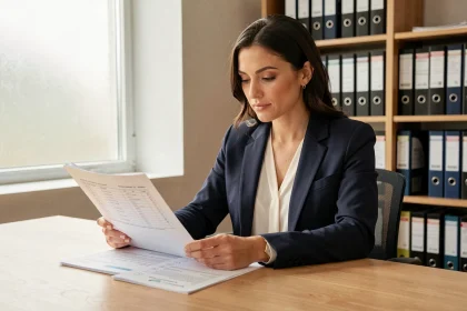 Femme professionnelle examinant un dossier de demande de logement SYPLO sur un bureau en bois dans un bureau à domicile organisé