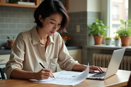 Femme lisant des annonces de colocation à une table de cuisine partagée avec un ordinateur portable ouvert