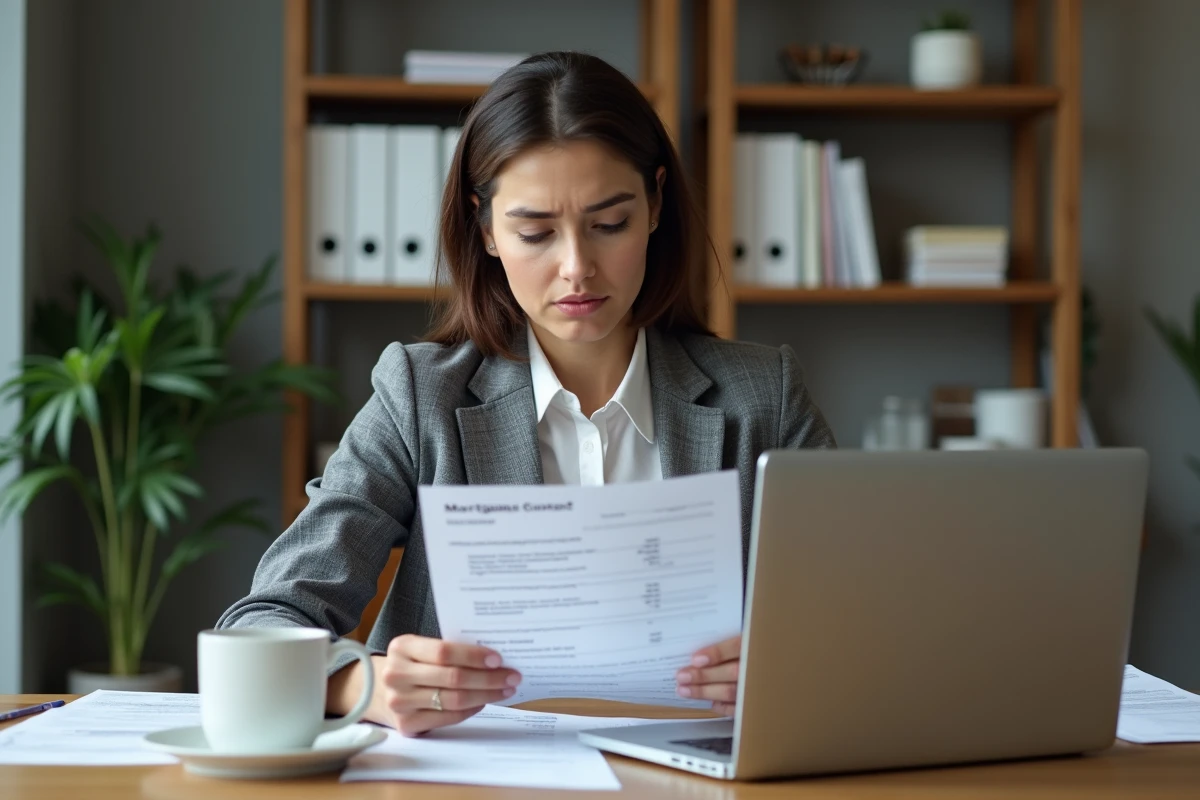 Femme d'affaires lisant attentivement un contrat d'hypothèque à son bureau à domicile entouré de documents financiers