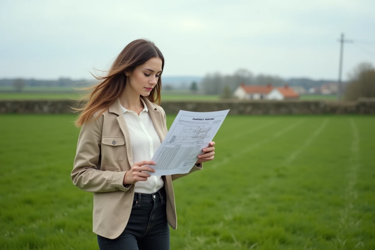 Femme consultant un document de mesurage de terrain en ares dans un champ rural français