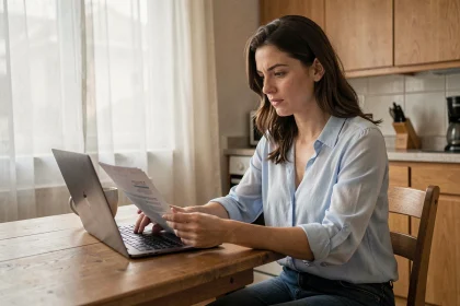 Femme consultant des documents de location sur un ordinateur portable dans son appartement, cherchant des solutions pour louer sans fiche de paie